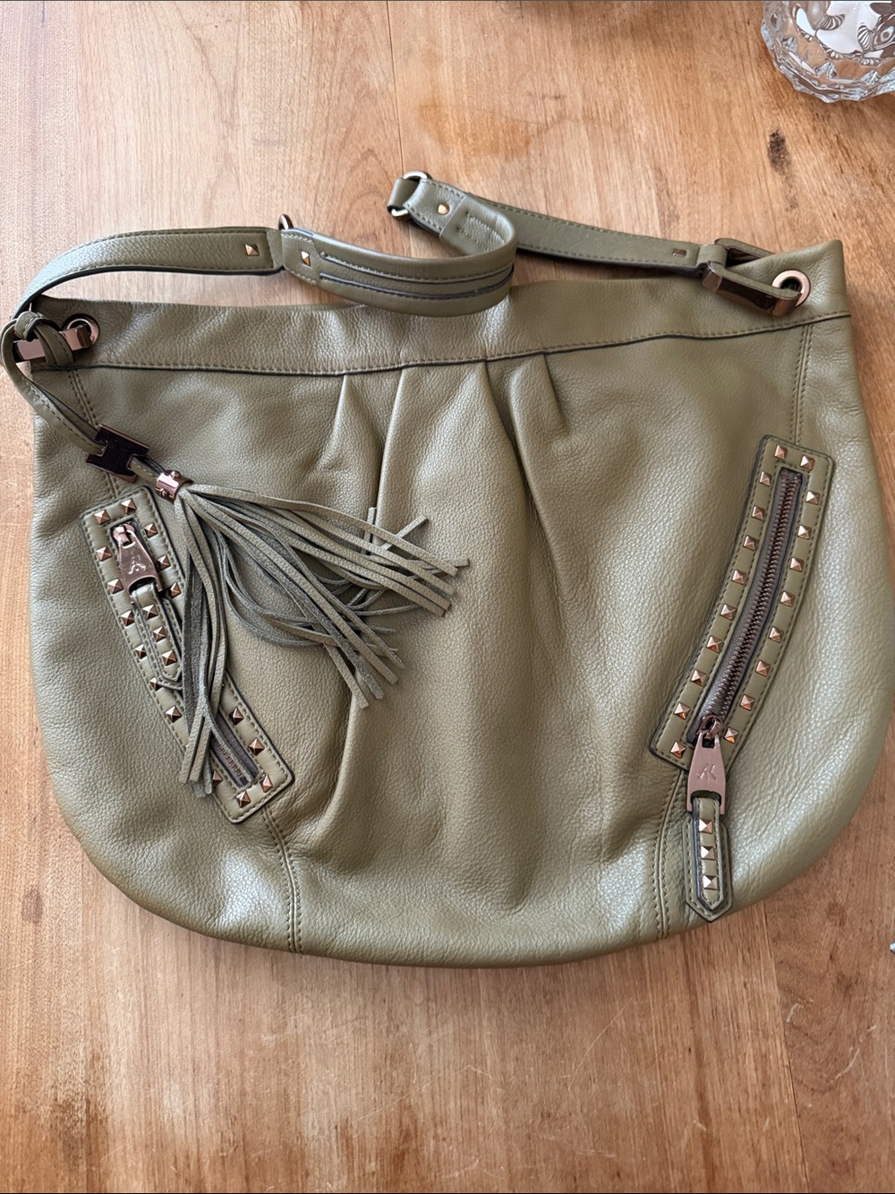 Aimee Kestenberg Olive Green Leather Hobo with Tassel & Studs
